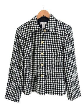 Black White Houndstooth Tweed Boucle Blazer Jacket Lined Size 12 Sparkly Vintage